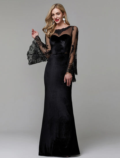 Wholesa Sheath / Column Elegant Dress Wedding Guest Engagement Floor Length Long Sleeve Illusion Neck Lace with Lace Insert