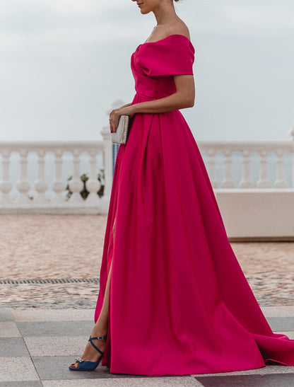 Wholesa A-Line Evening Gown Party Dress Celebrity Style Dress Formal Wedding Court Train Sleeveless Off Shoulder Bridesmaid Dress Satin with Ruched Slit