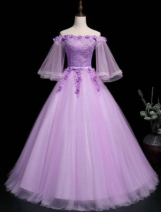 wholesale Ball Gown Luxurious Floral Quinceanera Prom Birthday Dress Off Shoulder 3/4 Length Sleeve Floor Length Tulle with Sash / Ribbon Embroidery