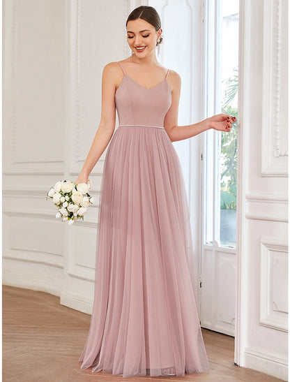 Wholesale A-Line Prom Dresses Vintage Dress Wedding Guest Floor Length Sleeveless V Neck Tulle V Back with Pleats