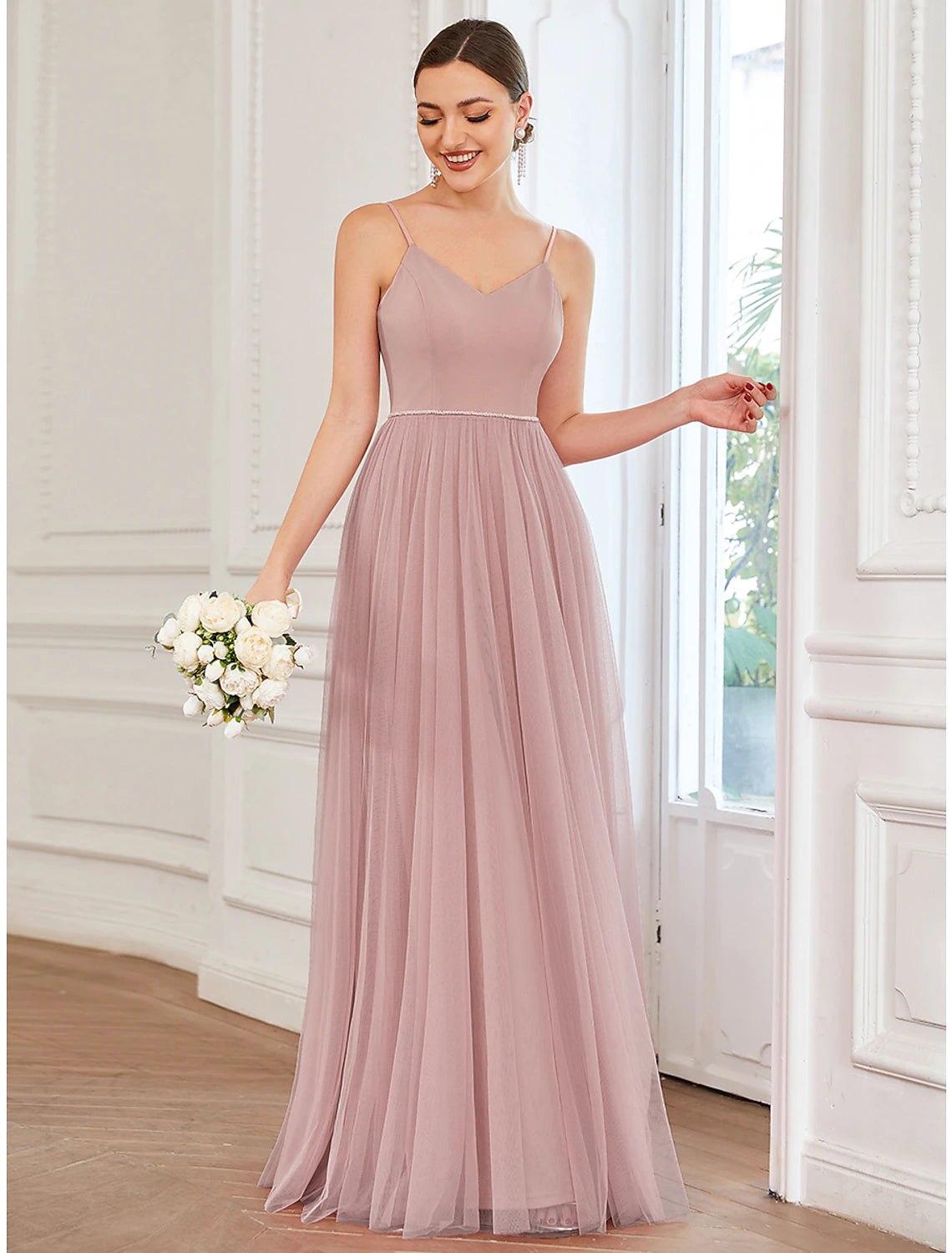 wholesale  A-Line Prom Dresses Vintage Dress Wedding Guest Floor Length Sleeveless V Neck Tulle V Back with Pleats Draping