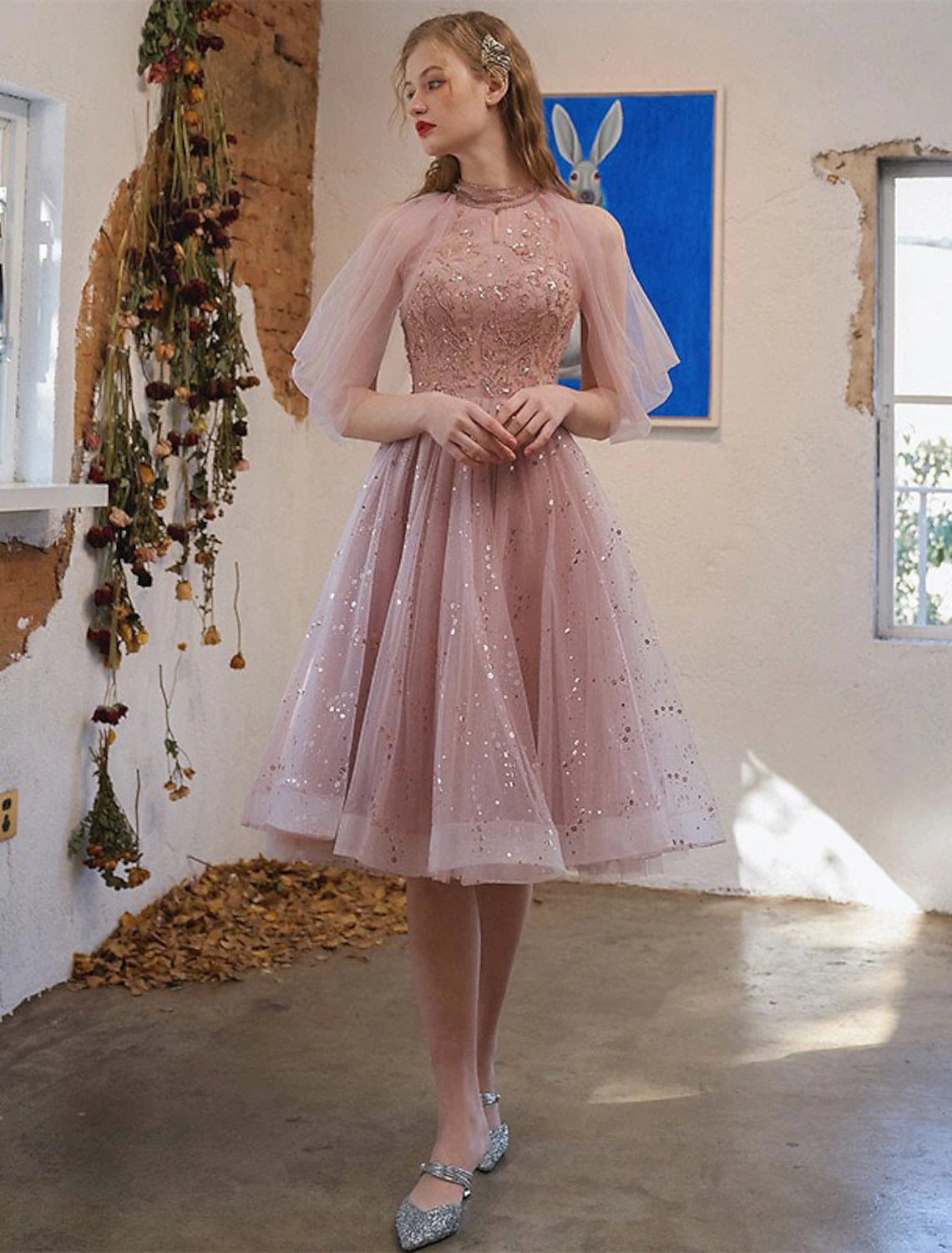 wholesale A-Line Cocktail Dresses Party Dress Engagement Knee Length 3/4 Length Sleeve Jewel Neck Tulle with Sequin Appliques