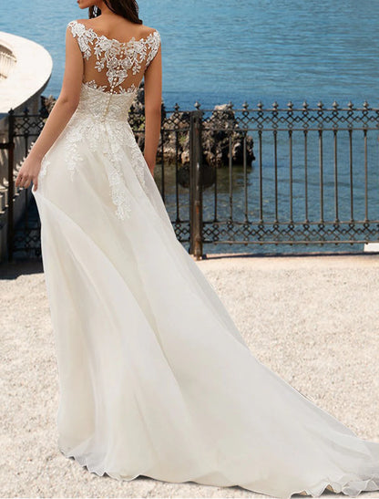 Wholesa Beach Open Back Wedding Dresses A-Line V Neck Sleeveless Court Train Lace Bridal Gowns With Appliques