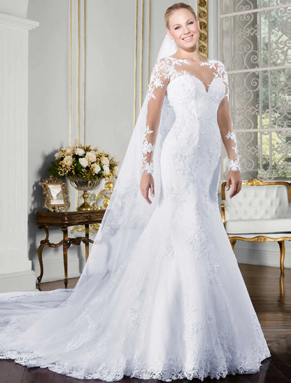 Wholesale Open Back Sexy Formal Fall Wedding Dresses Mermaid / Trumpet Illusion Neck Long Sleeve Chapel Train Lace Bridal Gowns With Lace Appliques 2023 Summer Wedding Party