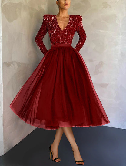 Wholesa Ball Gown A-Line Cocktail Dress Red Green Dresses Vintage Dress Evening Party Cocktail Party Tea Length Long Sleeve Jewel Neck Fall Wedding Guest Tulle with Sequin