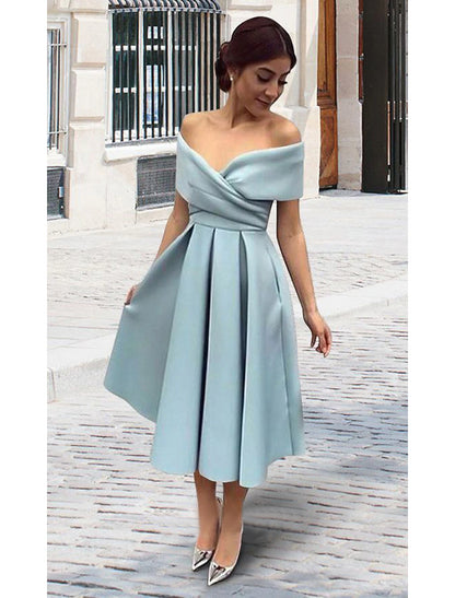 wholesale A-Line Cocktail Dresses 1950s Dress Homecoming Tea Length Short Sleeve V Neck Stretch Fabric V Back with Pleats