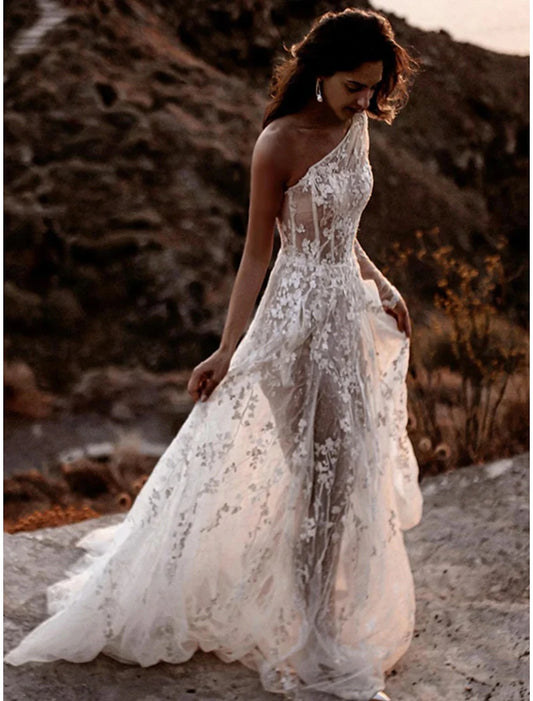 Wholesale Beach Sexy Boho Wedding Dresses A-Line One Shoulder Long Sleeve Sweep / Brush Train Lace Bridal Gowns With Split Front Summer Wedding Party