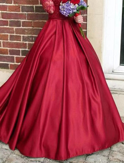 Wholesale A-Line Evening Gown Floral Dress Sweet 16 Chapel Train Long Sleeve V Neck Satin with Appliques