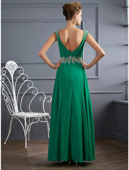 wholesale  A-Line Evening Gown Sparkle & Shine Dress Formal Floor Length Sleeveless V Neck Chiffon with Rhinestone Ruched