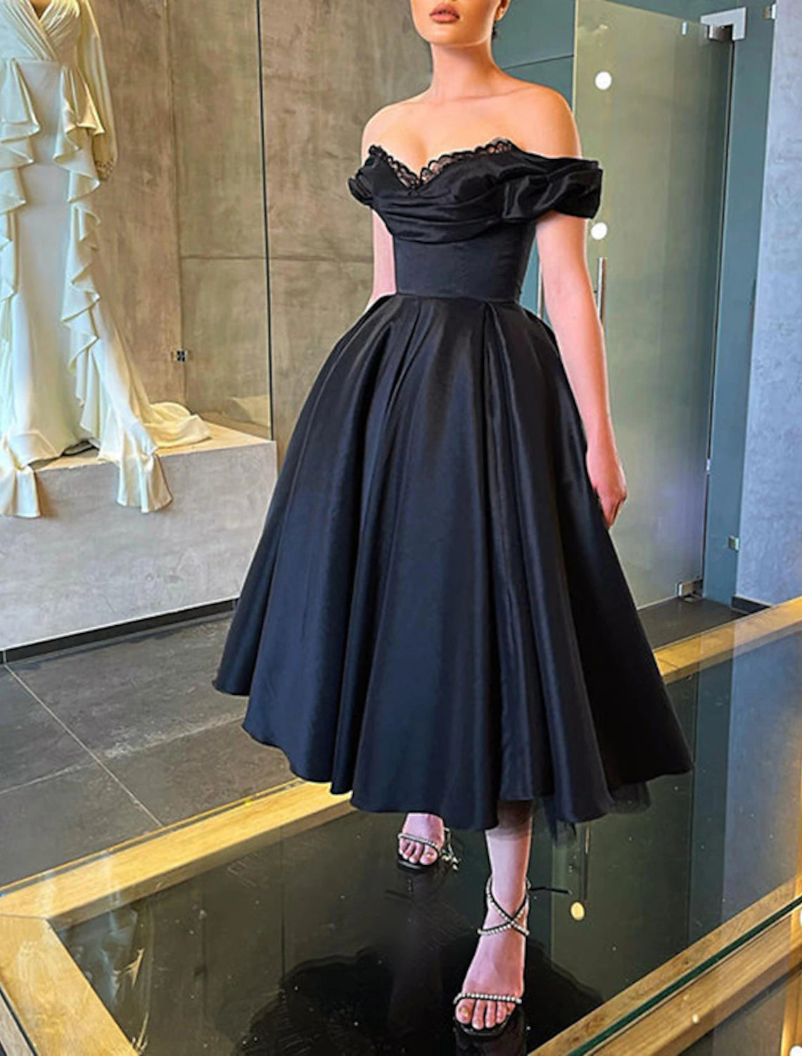 Wholesa A-Line Prom Black Dress Vintage Dress Masquerade Wedding Party Tea Length Short Sleeve Off Shoulder Fall Wedding Guest Satin with Ruched