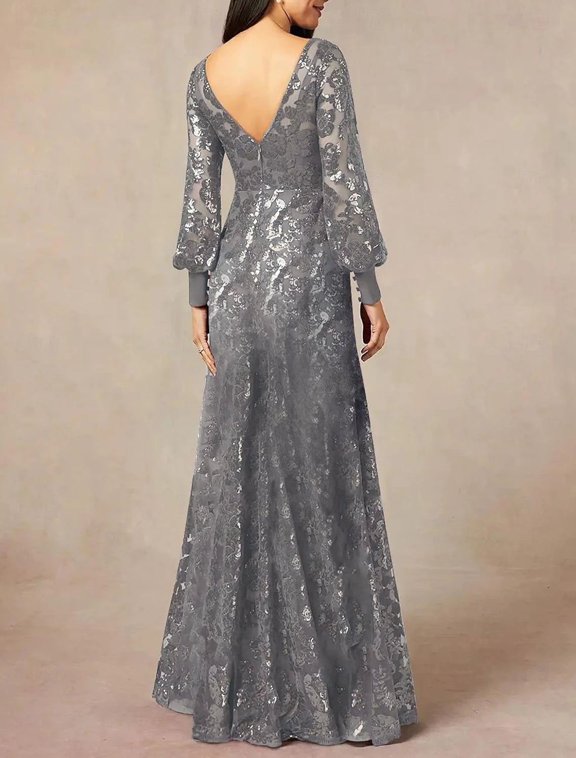 Wholesa A-Line Mother of the Bride Dress Formal Wedding Guest Elegant Jewel Neck Floor Length Chiffon Sequined Long Sleeve with Sequin