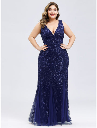 Wholesa  Mermaid / Trumpet Plus Size Sexy Prom Formal Evening Dress V Neck Sleeveless Floor Length Tulle with Appliques