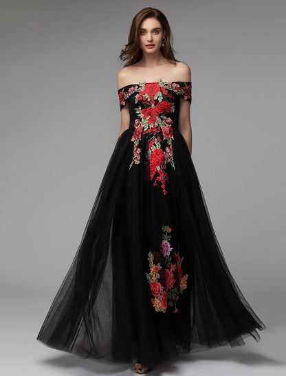 Wholesale A-Line Prom Dresses Floral Dress Wedding Guest Floor Length Sleeveless Off Shoulder Lace Over Tulle with Embroidery Appliques