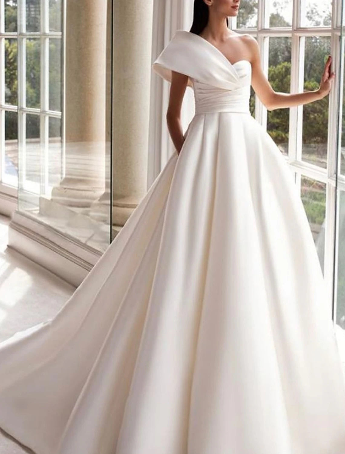 Wholesa Hall Formal Wedding Dresses A-Line One Shoulder Sleeveless Sweep / Brush Train Satin Bridal Gowns With Ruched