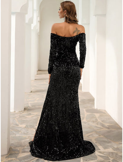 Wholesa Black Formal A-Line Evening Gown Sparkle & Shine Dress Fall Sweep / Brush Train Long Sleeve Off Shoulder Velvet with Sequin Slit