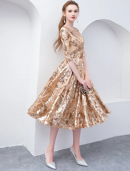 Wholesa  A-Line Cocktail Dresses Party Dress Holiday Wedding Guest Tea Length Half Sleeve Jewel Neck Sequined