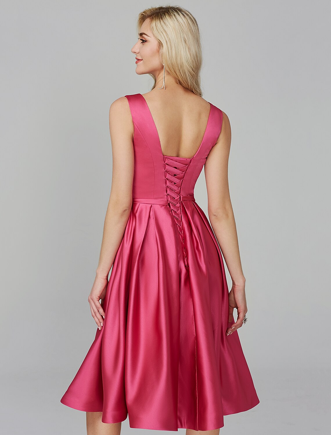 Wholesa A-Line Party Dress Wedding Guest Cocktail Party Knee Length Sleeveless V Wire Pink Dress Satin with Sash / Ribbon