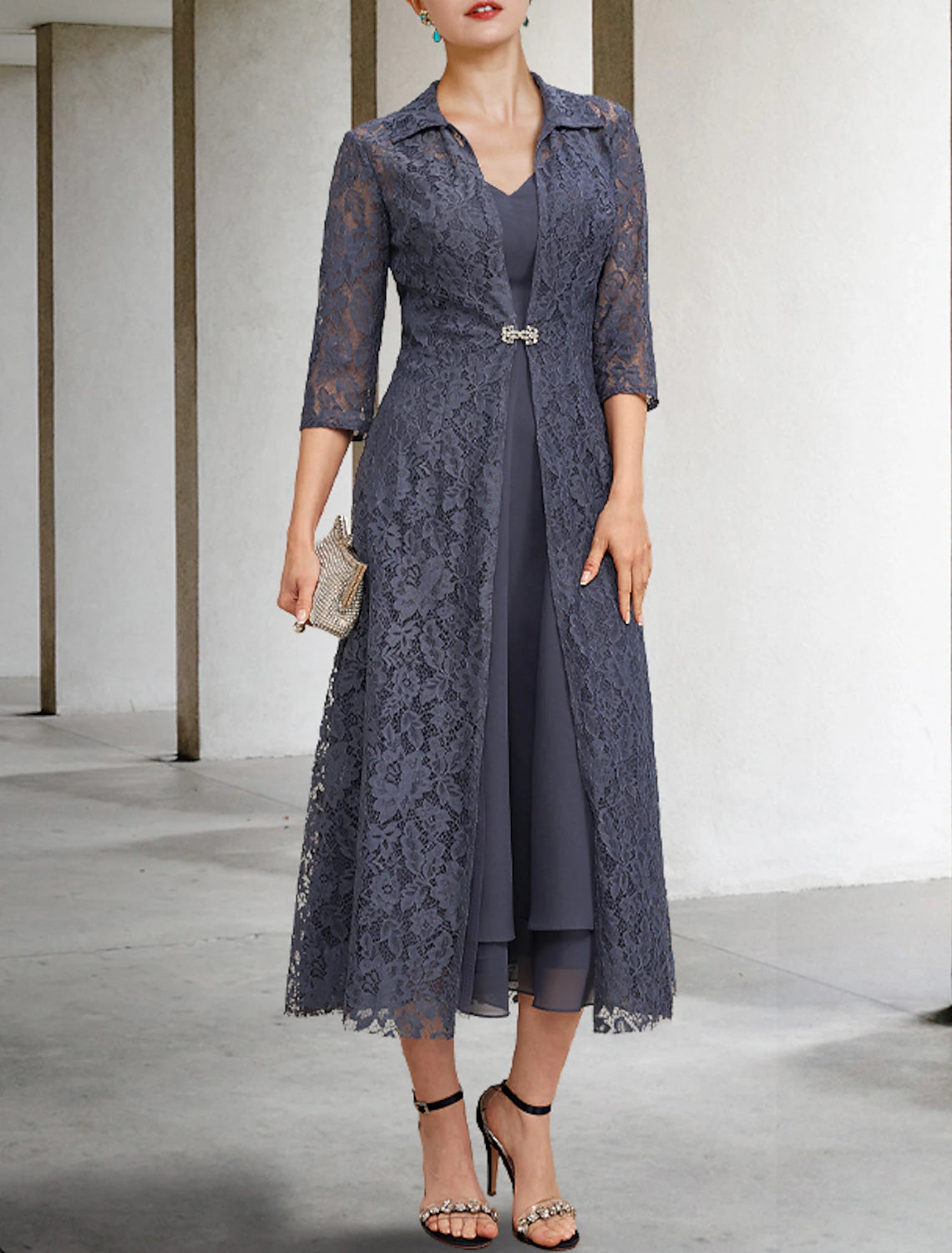 Wholesa  A-Line Mother of the Bride Dress Elegant V Neck Tea Length Chiffon Lace Sleeveless Jacket Dresses with Tier Solid Color