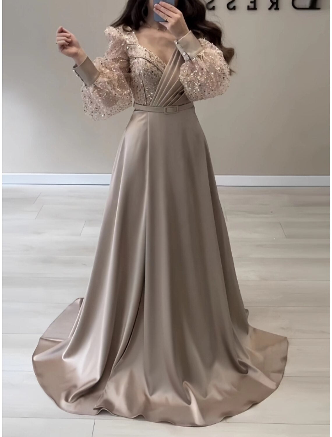 Wholesa A-Line Evening Gown Elegant Dress Formal Fall Sweep / Brush Train Long Sleeve V Neck Satin with Glitter Pleats Strappy