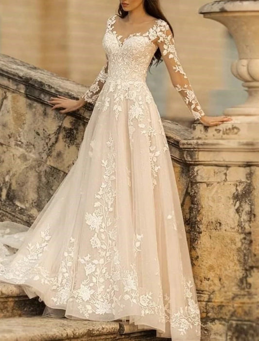 Wholesa Beach Formal Wedding Dresses A-Line V Neck Long Sleeve Sweep / Brush Train Lace Bridal Gowns With Flower Solid Color