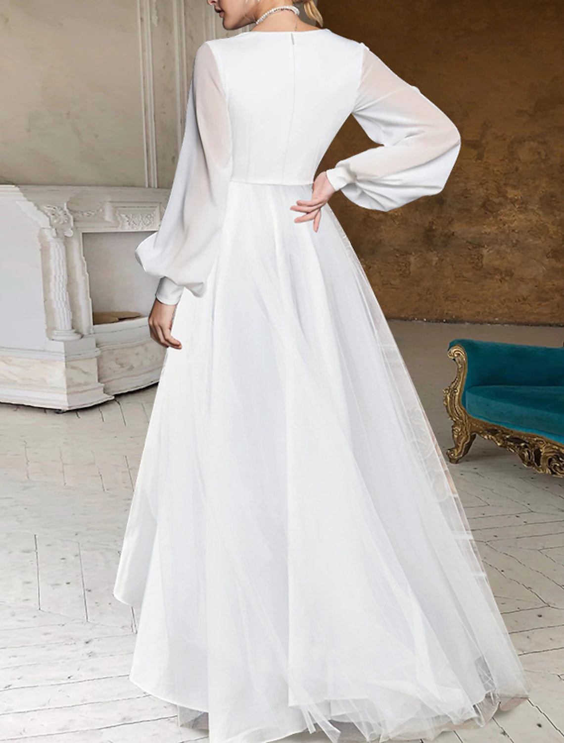 Wholesa Bridal Shower Wedding Dresses Little White Dresses Simple A-Line V Neck Long Sleeve Asymmetrical Chiffon Bridal Gowns With Solid Color Summer Wedding Party