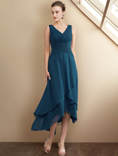 wholesale  A-Line Mother of the Bride Dress Elegant High Low V Neck Asymmetrical Tea Length Chiffon Sleeveless Wrap Included with Beading Cascading Ruffles Side-Draped