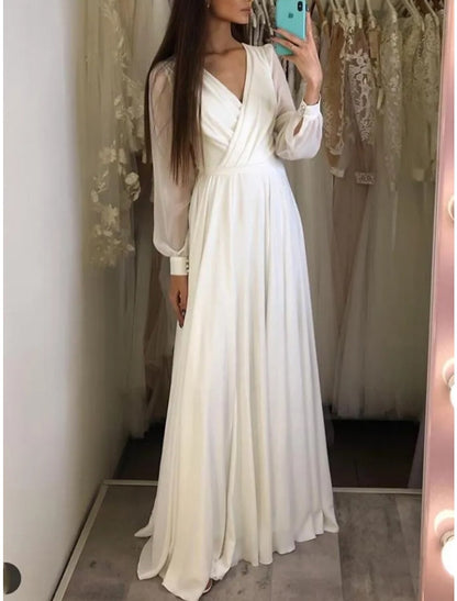 Wholesa Casual Wedding Dresses A-Line V Neck Long Sleeve Sweep / Brush Train Chiffon Bridal Gowns With Pleats Solid Color