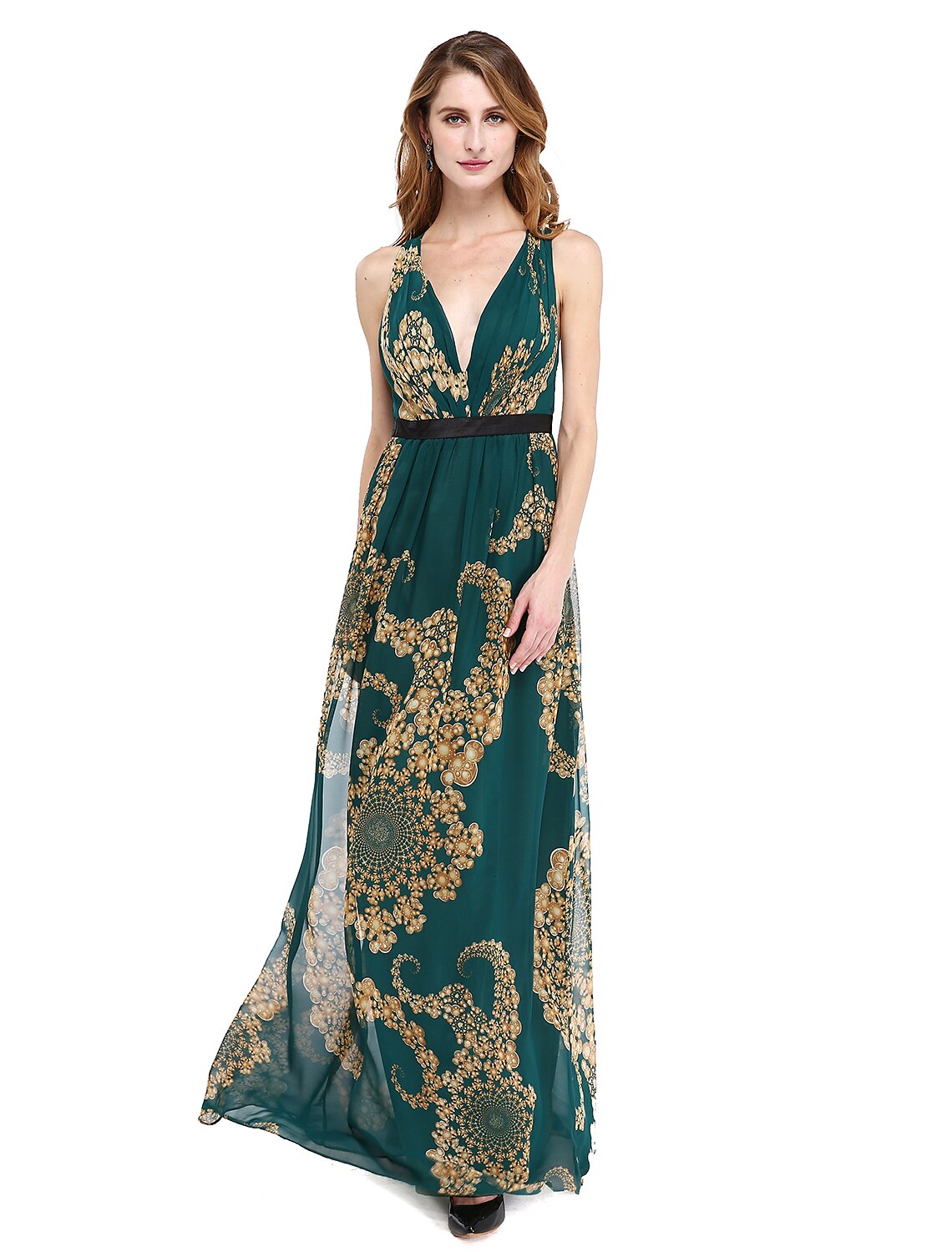 Wholesa A-Line Mother of the Bride Dress Floral Open Back V Neck Floor Length Chiffon Sleeveless No with Sash / Ribbon