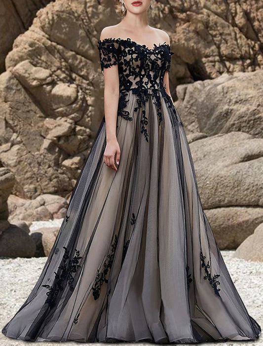 Wholesa Engagement Gothic Wedding Dresses in Color Formal Wedding Dresses A-Line Off Shoulder Short Sleeve Sweep / Brush Train Lace Bridal Gowns With Bow(s) Appliques