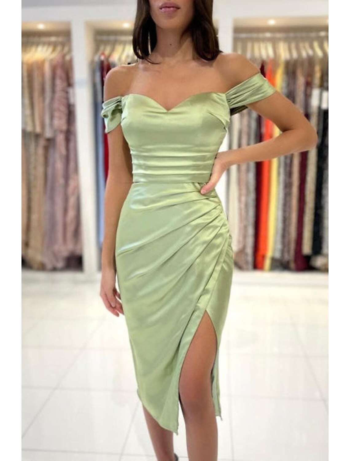 wholesale  Mermaid / Trumpet Prom Dresses Minimalist Dress Cocktail Party Tea Length Sleeveless Sweetheart Charmeuse Backless with Pleats Ruched