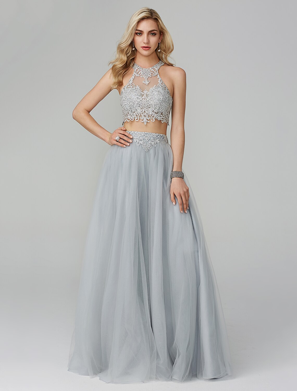 Wholesale Two Piece Empire Prom Formal Evening Dress Halter Neck Sleeveless Floor Length Lace with Appliques