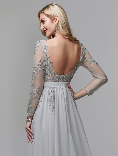 Wholesa A-Line Luxurious Engagement Formal Evening Dress Illusion Neck V Back Low Back Long Sleeve Chapel Train Chiffon with Sequin Appliques / Illusion Sleeve