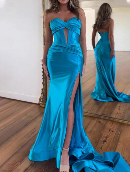 Wholesa A-Line Prom Dresses Elegant Dress Formal Floor Length Sleeveless Strapless Satin with Ruched Slit Sexy Evening Dress