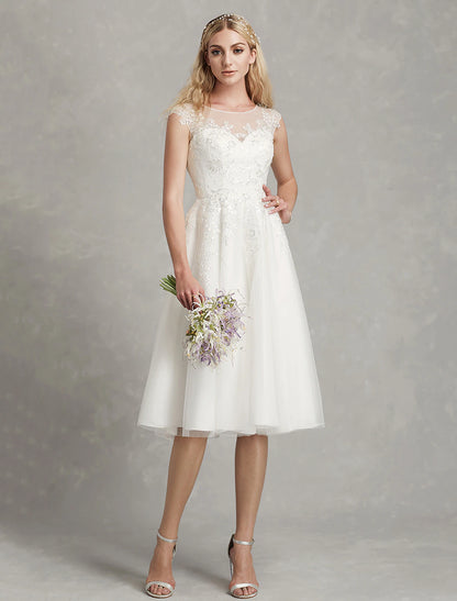 Wholesale Reception Little White Dresses Wedding Dresses A-Line Illusion Neck Cap Sleeve Knee Length Lace Bridal Gowns With Appliques 2023 Summer Wedding Party