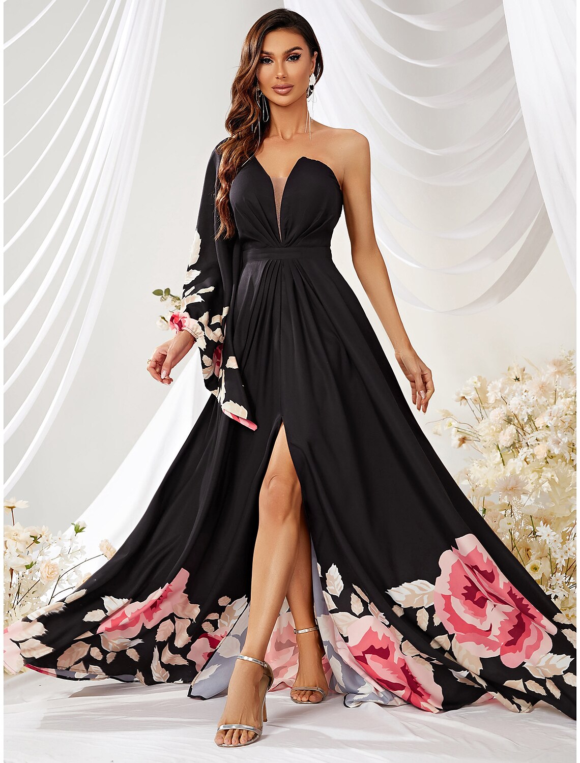 wholesale A-Line Wedding Guest Dresses Floral Dress Formal Court Train Long Sleeve One Shoulder Chiffon with Slit Print