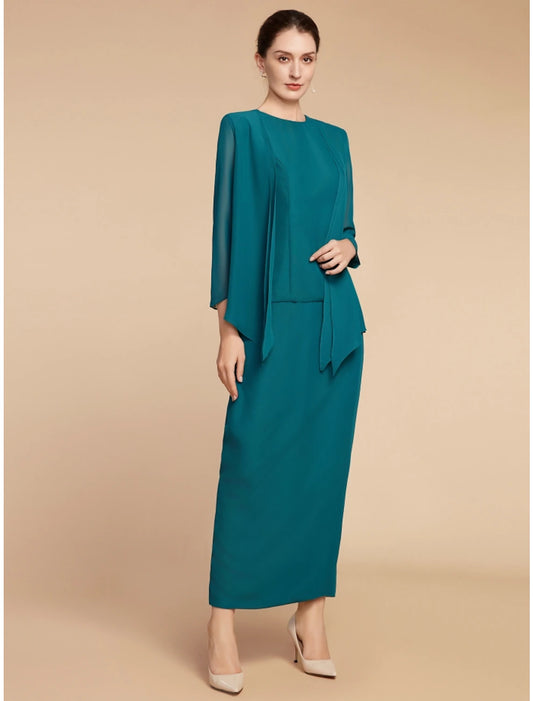 Wholesa  Sheath / Column Mother of the Bride Dress Wedding Guest Elegant Simple Jewel Neck Ankle Length Chiffon Long Sleeve with Split Front Ruching Solid Color