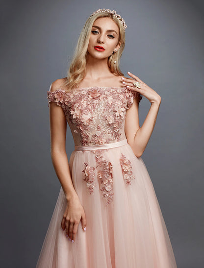 Wholesa A-Line Floral Dress Wedding Guest Prom Sweep / Brush Train Sleeveless Off Shoulder Tulle Over Lace with Appliques