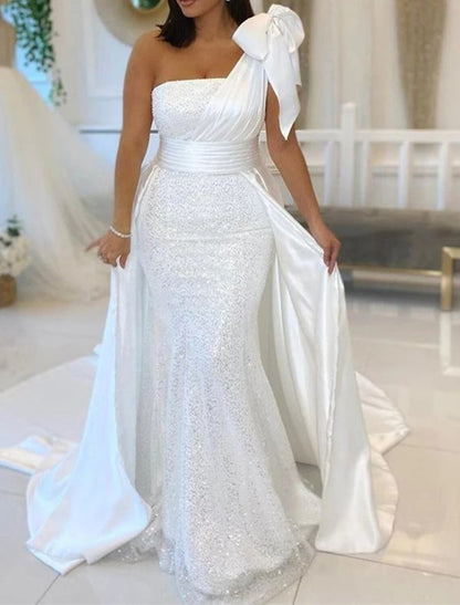 Wholesa Hall Wedding Dresses Mermaid / Trumpet One Shoulder Sleeveless Chapel Train Sequined Bridal Gowns With Bow(s) Sequin