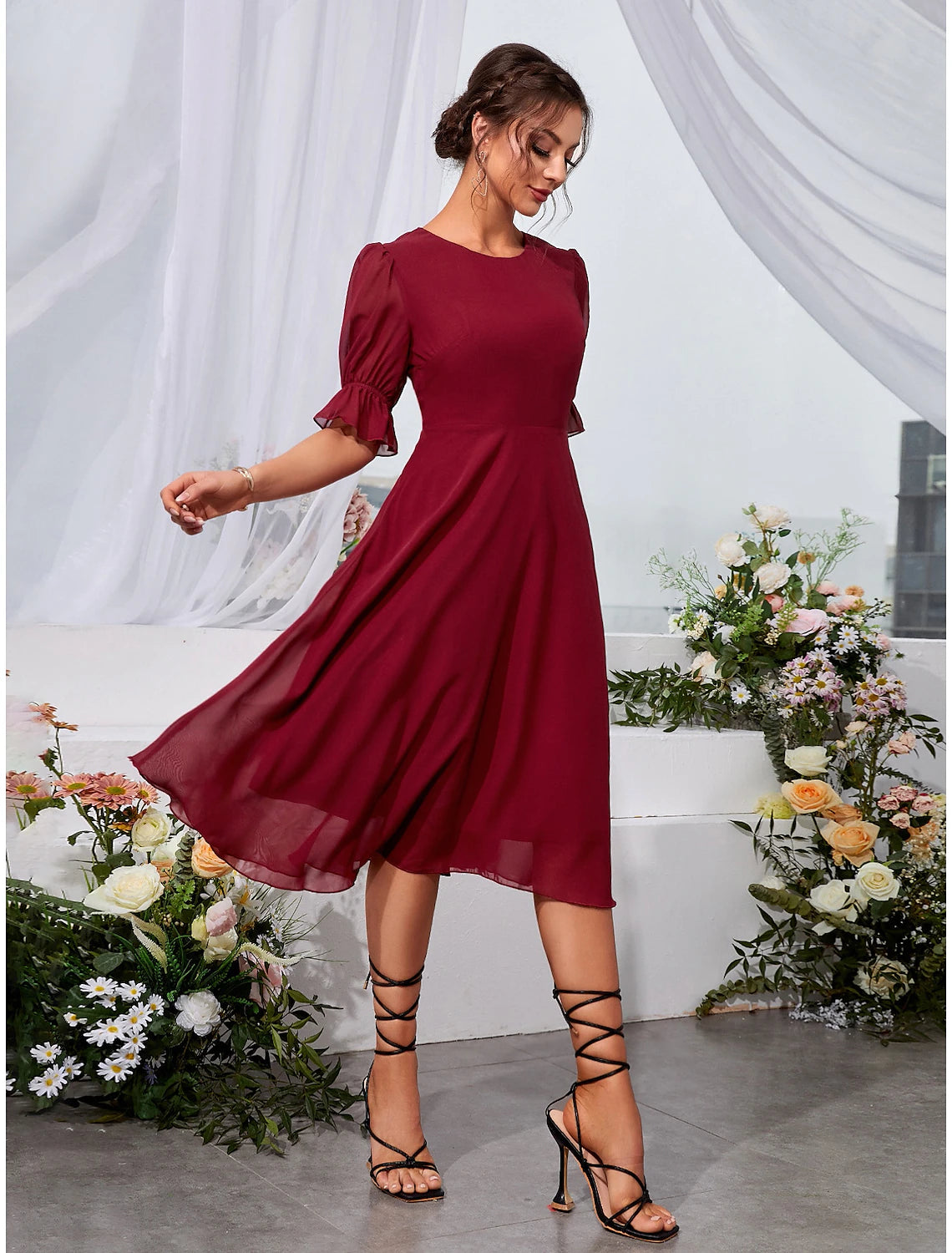 Wholesale A-Line Wedding Guest Dresses Elegant Dress Holiday Tea Length Half Sleeve Jewel Neck Chiffon with Fringe