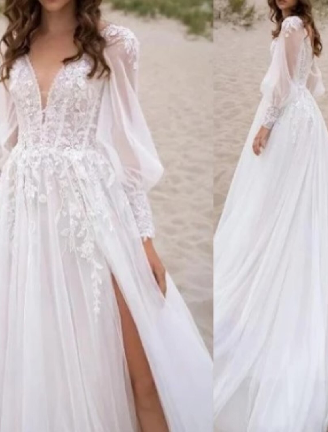 Wholesa Beach Boho Wedding Dresses A-Line V Neck Long Sleeve Court Train Lace Bridal Gowns With Appliques Split Front