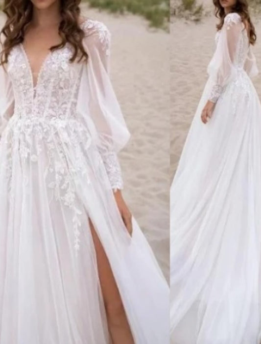 Wholesa Beach Boho Wedding Dresses A-Line V Neck Long Sleeve Court Train Lace Bridal Gowns With Appliques Split Front