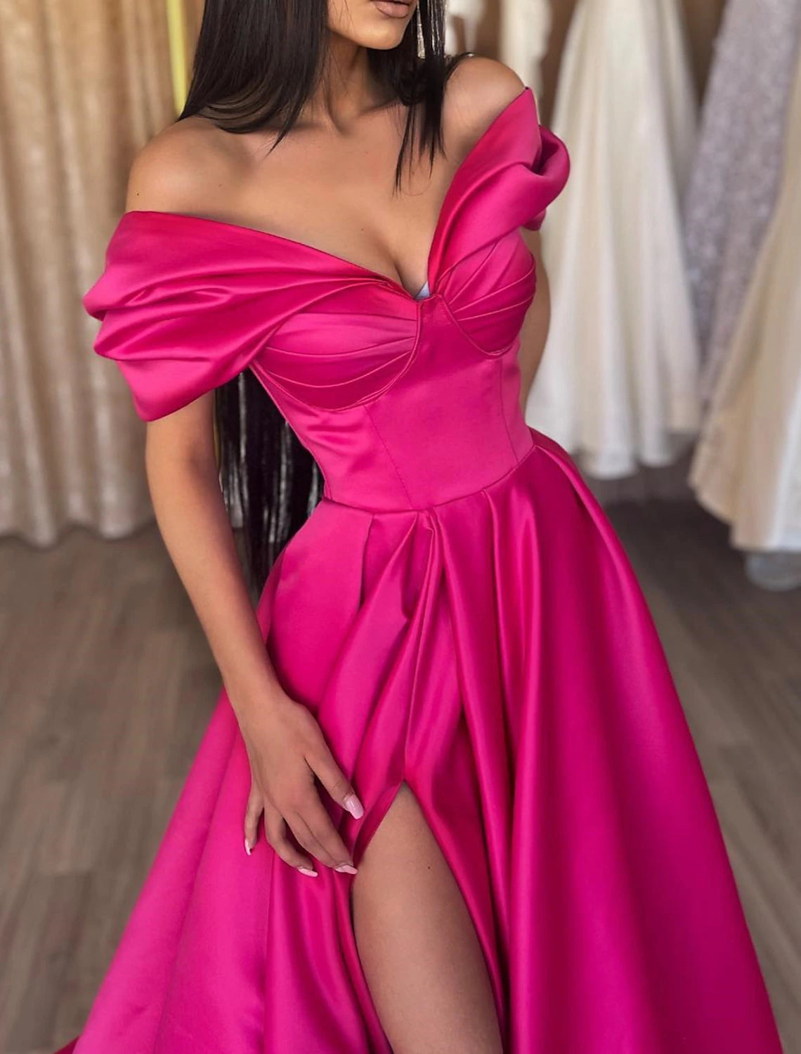 Wholesa A-Line Evening Gown Party Dress Sexy Dress Prom Birthday Floor Length Short Sleeve Off Shoulder Satin with Slit Pure Color