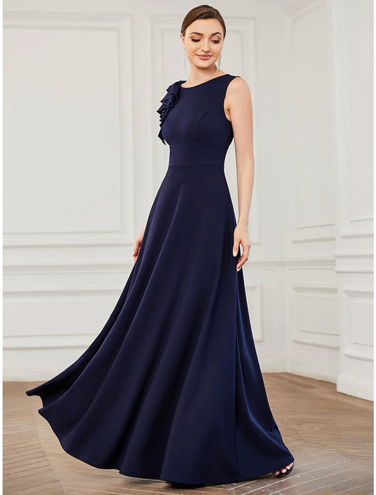 Wholesale A-Line Evening Gown Plus Size Dress Formal Floor Length Sleeveless Jewel Neck Polyester with Draping Appliques Pure Color