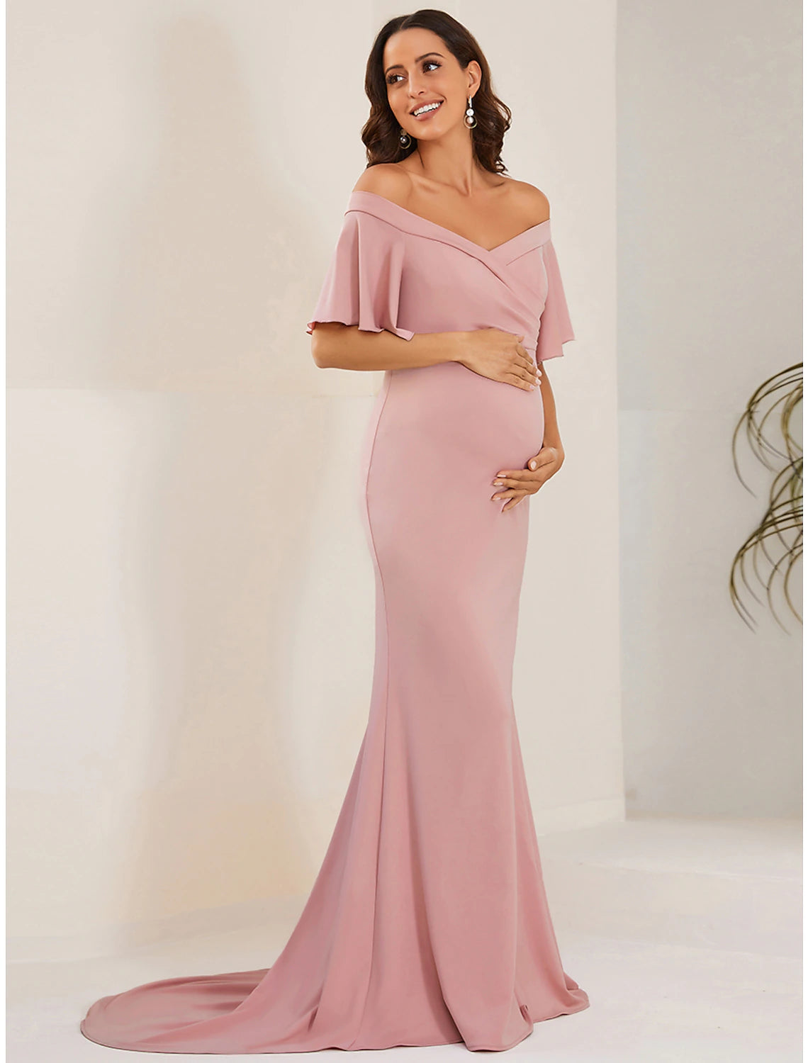 Wholesa Mermaid / Trumpet Maternity Dresses Maternity Dress Formal Wedding Party Court Train Short Sleeve Off Shoulder Stretch Fabric with Ruched Pure Color