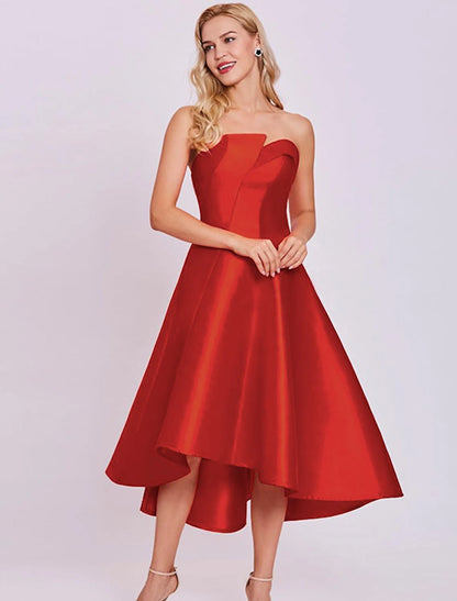 wholesale  A-Line Cocktail Dresses Minimalist Dress Homecoming Tea Length Sleeveless Strapless Satin with Sleek