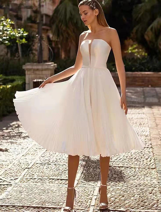 Wholesale Reception Little White Dresses Wedding Dresses A-Line Sweetheart Strapless Tea Length Satin Bridal Gowns With Sash / Ribbon Solid Color Summer Wedding Party