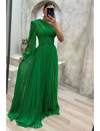 Wholesa A-Line Evening Gown High Split Dress Formal Fall Sweep / Brush Train Long Sleeve One Shoulder Chiffon with Pleats Slit