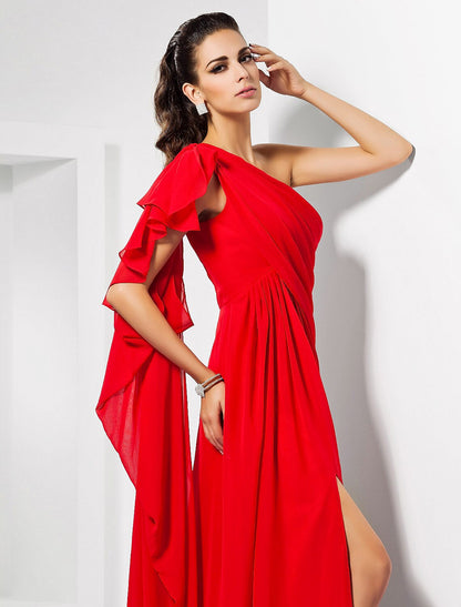 Wholesa  Sheath Christmas Red Green Dress Empire Wedding Guest Formal Evening Dress One Shoulder Sleeveless Floor Length Chiffon with Draping Slit