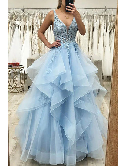 Wholesa Ball Gown A-Line Prom Dresses Princess Dress Formal Wedding Guest Floor Length Sleeveless V Neck Tulle Backless with Pleats Ruched Appliques