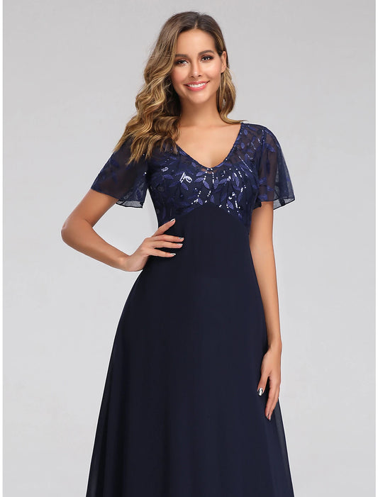 Wholesale A-Line Empire Party Wear Prom Dress V Neck Short Sleeve Floor Length Tulle with Sequin Appliques